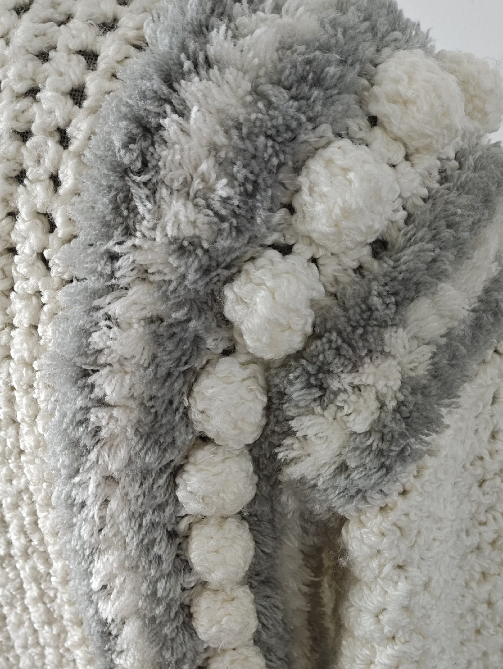 Vintage Puff Pom Pom Chunky Knit Zip Up Sweater Cream Grey Small - Picture 5 of 7